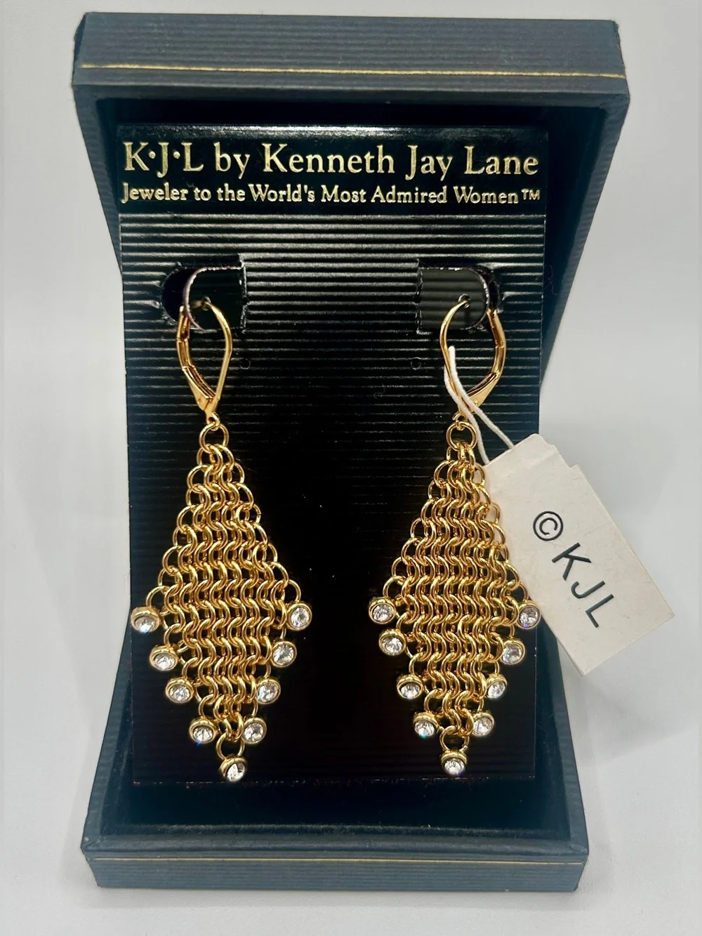 Kenneth Jay Lane Gold Chainmail Drop Earrings with Crystal Accents
